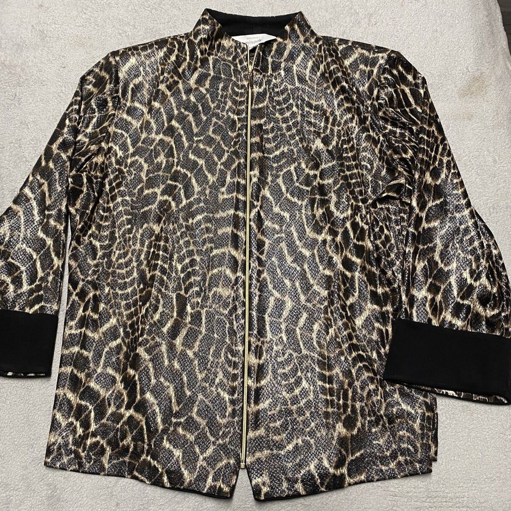 Misook Jacket Womens Large Animal Repltile Print Textured Zip Shoulder Pads